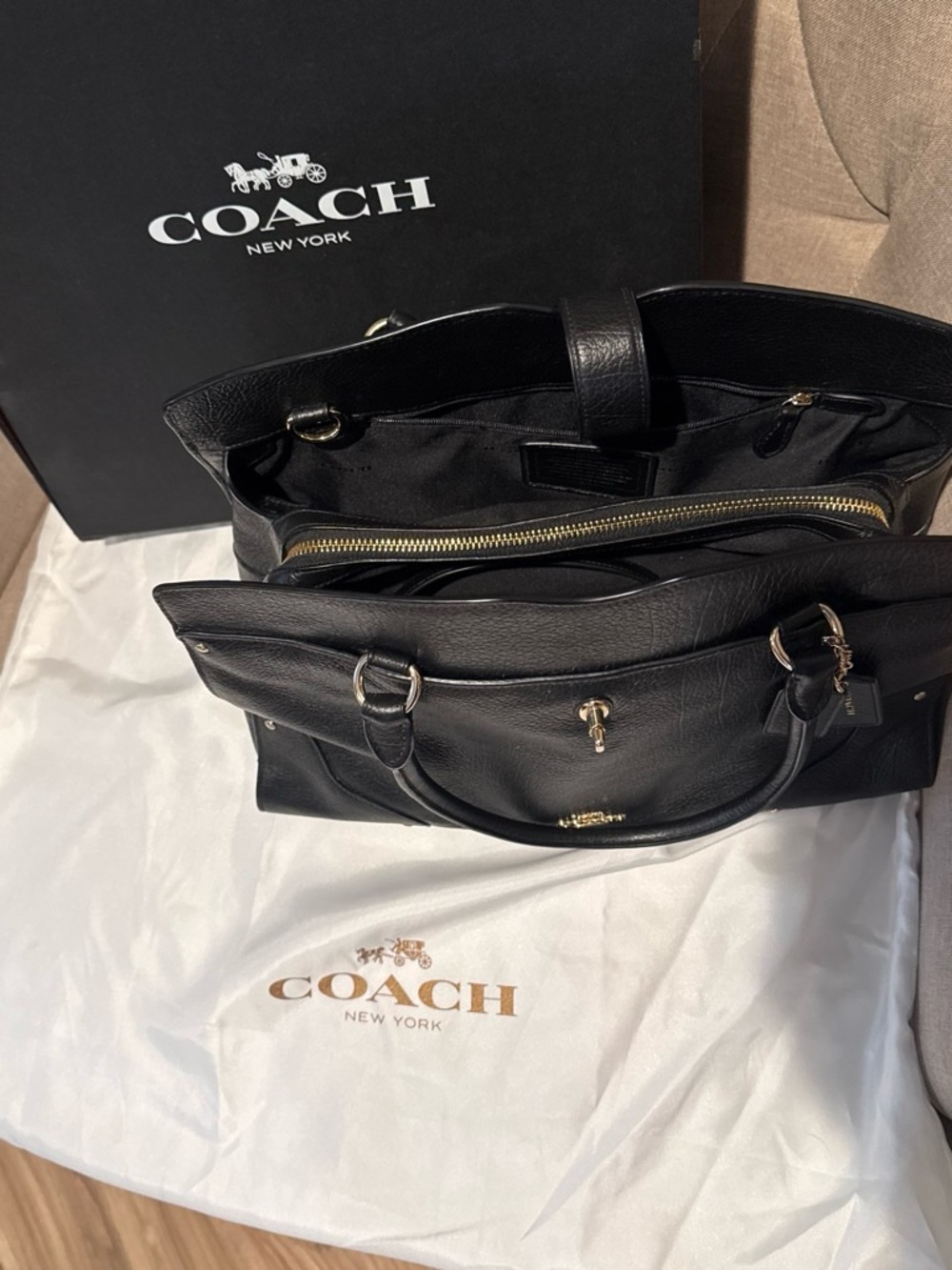 COACH Black Leather Tote with Gold Hardware - Picture 4 of 7